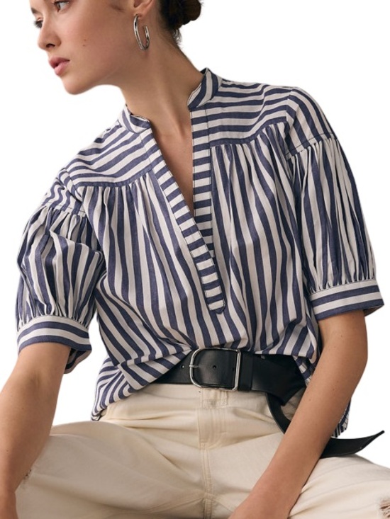 Anthropologie Tops - Anthropologie Darcey Navy and White Striped V‑Neck Popover Blouse